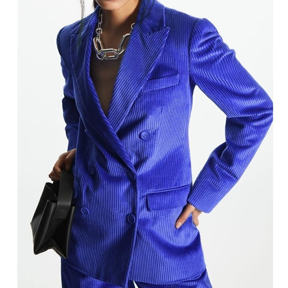 COS Double-Breasted Corduroy Blazer Jacket Bright Blue Cobalt Size 2 Statement